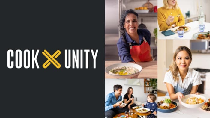 cook-unity-two-chefs-holding-dishes-a-woman-and-family-eating